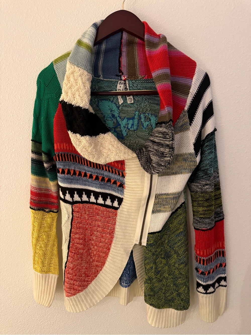Desigual Patchwork Knit Cardigan Small Multicolor Embroidered Artsy Boho